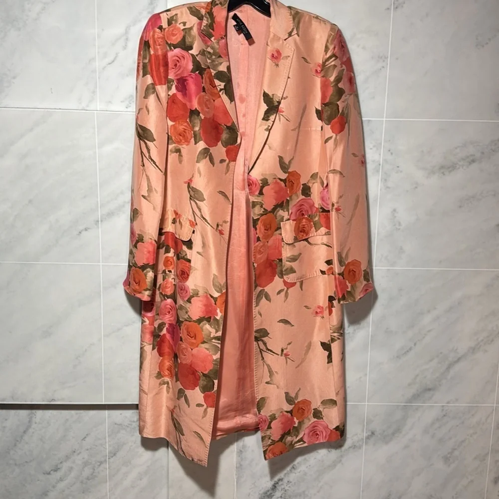 Anne Klein Statement Floral Pink 100% Silk  Long Blazer size 8